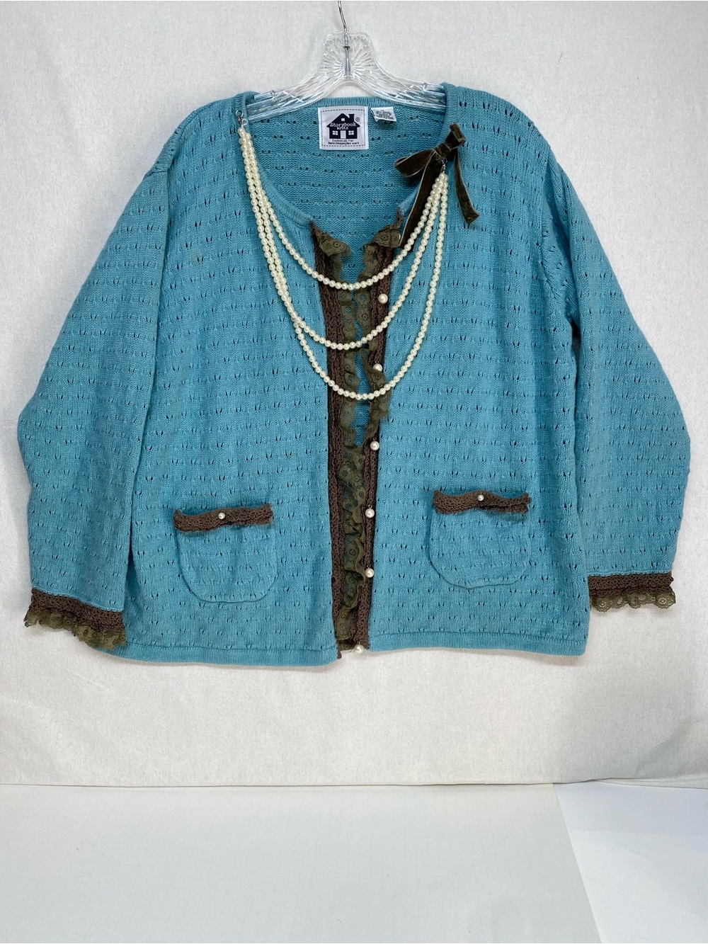 Storybook Knits Pearl Button Front Knit Cardigan Lace Trim Grandeur Charming 1X